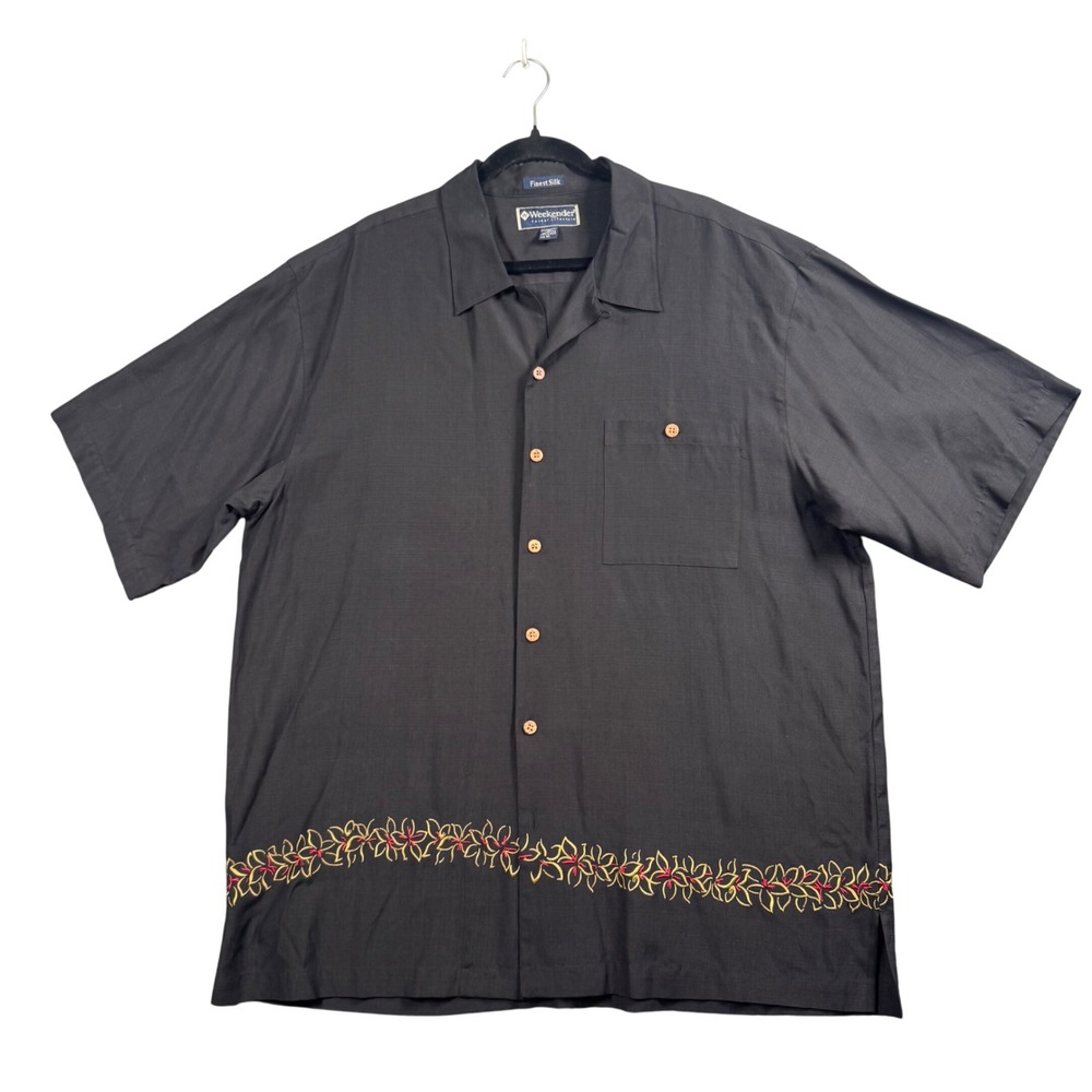 Weekender Finest Silk Camp Shirt Mens XL Black Embroidered Hawaiian Resort
